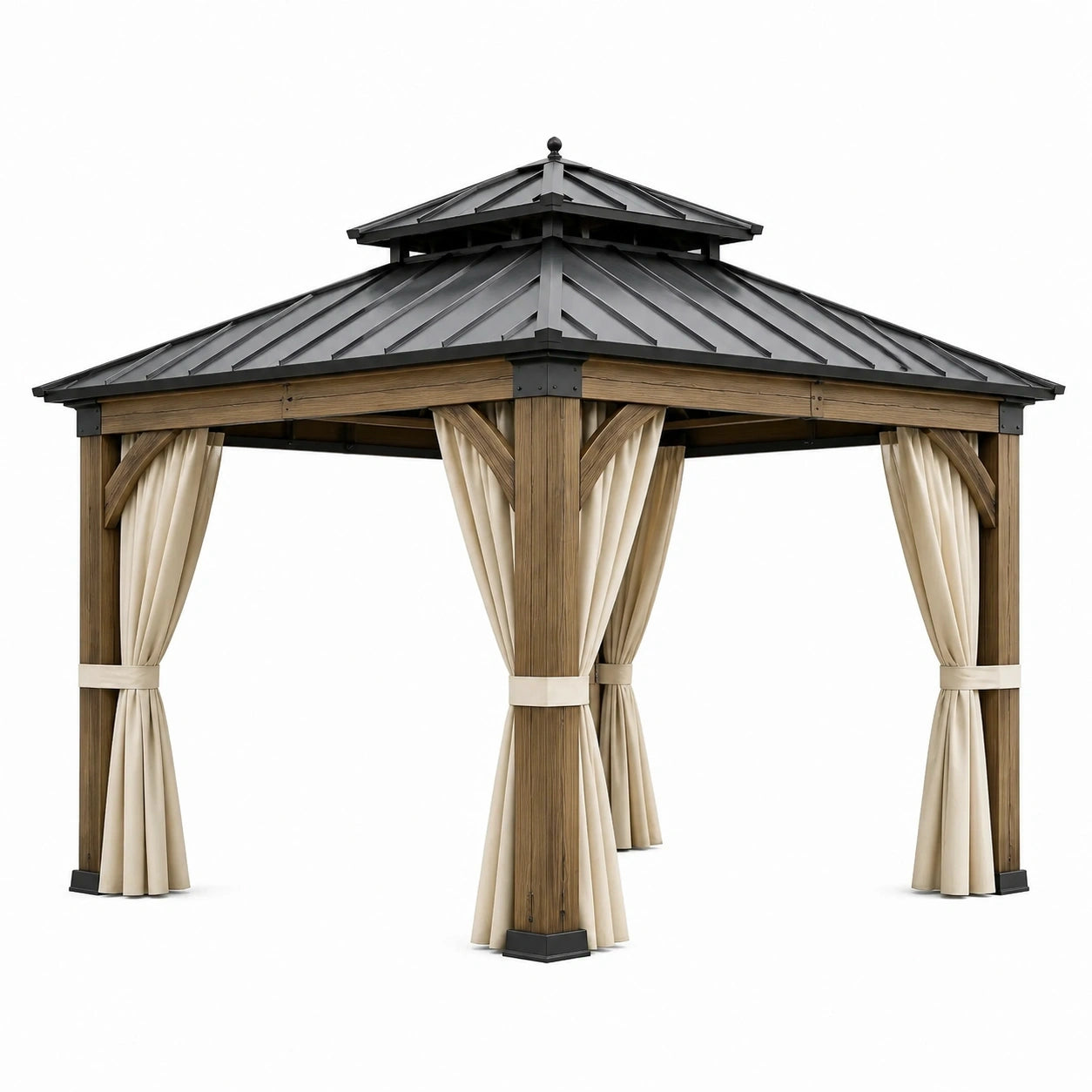 Tonnelle de jardin 300 × 300 × 290 cm en bois marron avec toit rigide noir et rideaux beiges