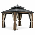 Pavillon de jardin brun, noir et beige 360 × 300 × 295 cm avec toit rigide, rideaux et moustiquaires