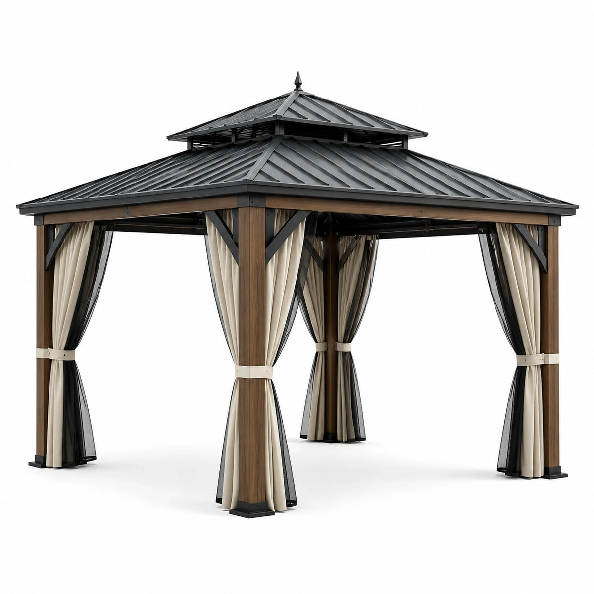 Pavillon de jardin brun, noir et beige 360 × 300 × 295 cm avec toit rigide, rideaux et moustiquaires