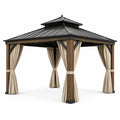 Pavillon de jardin 300 × 300 × 290 cm marron et noir avec rideaux beiges et toit rigide à double niveau
