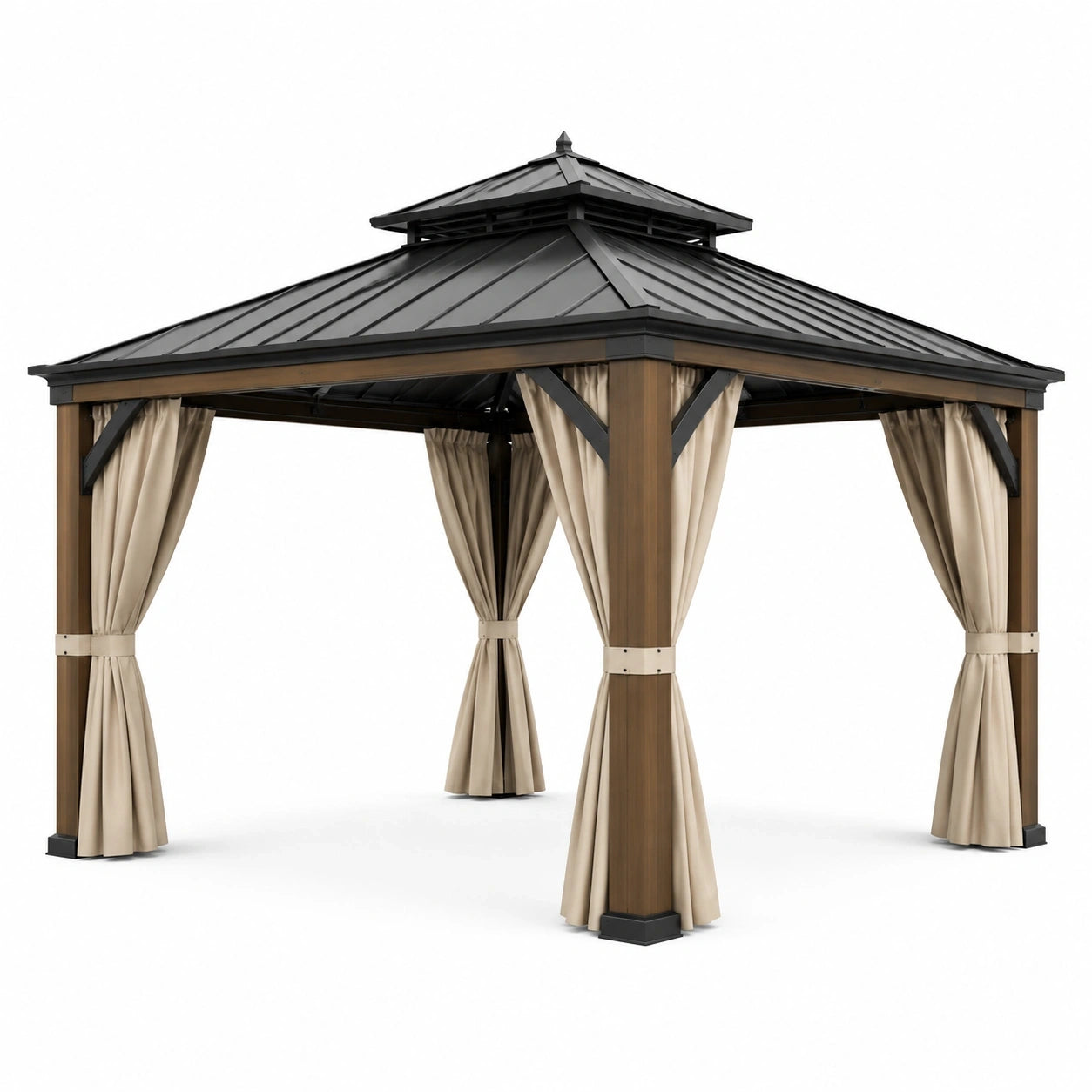 Pavillon de jardin 300 × 300 × 290 cm marron et noir avec rideaux beiges et toit rigide à double niveau