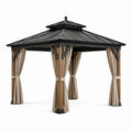 Tonnelle de jardin 300 × 300 × 280 cm avec toit rigide noir, montants effet bois naturel et rideaux beiges