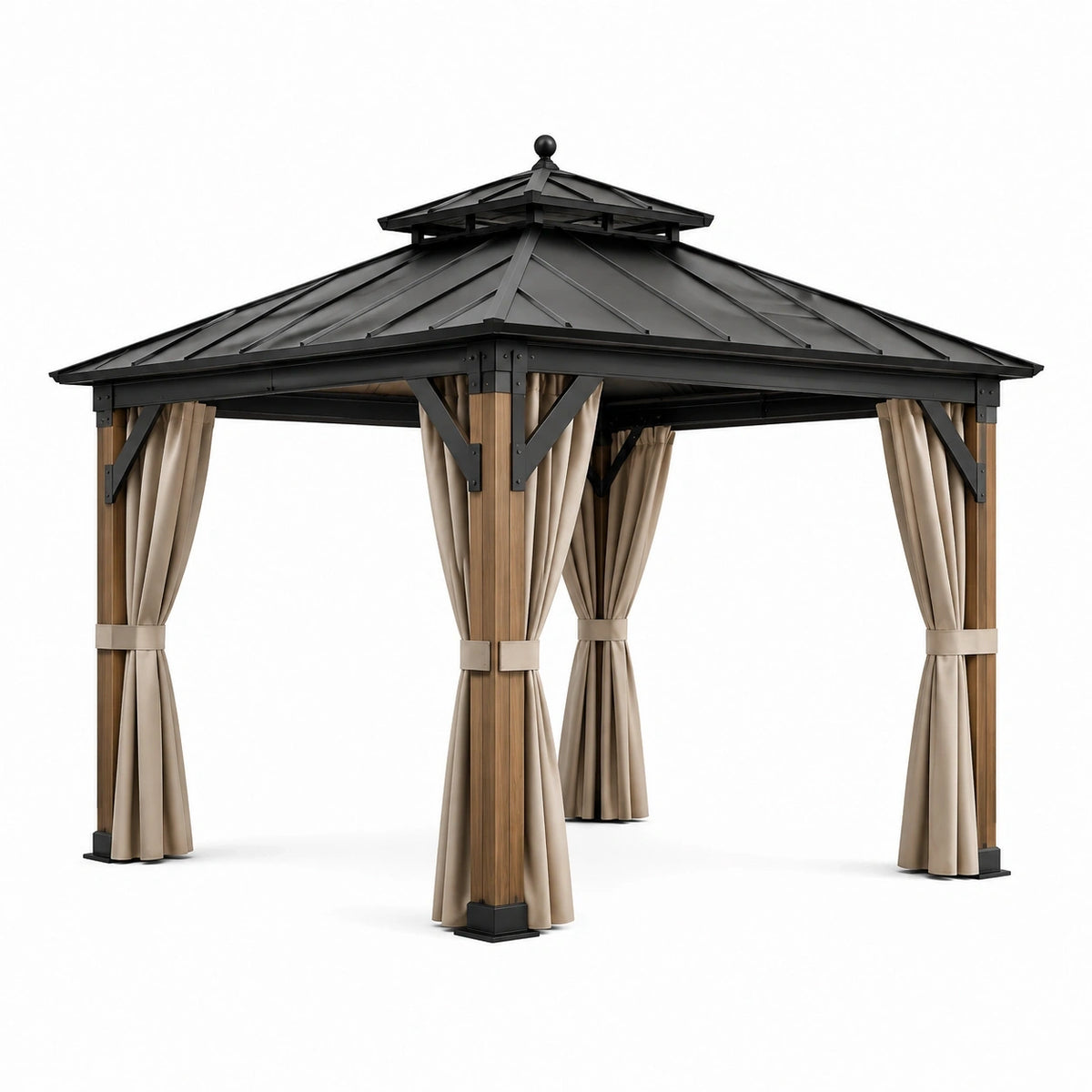 Tonnelle de jardin 300 × 300 × 280 cm avec toit rigide noir, montants effet bois naturel et rideaux beiges