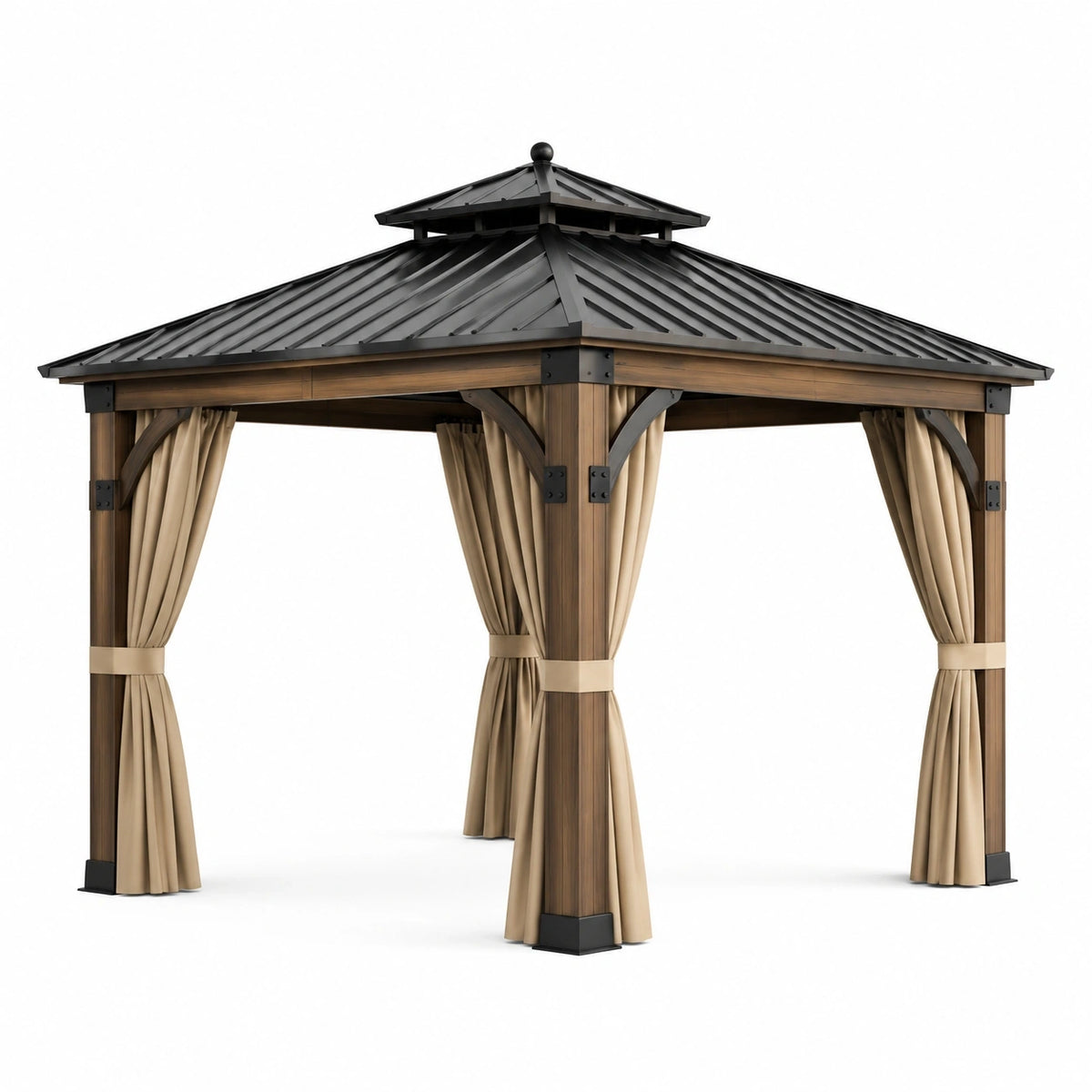 Tonnelle de jardin à toit rigide avec rideaux, 300 × 300 × 300 cm, brun, noir et beige